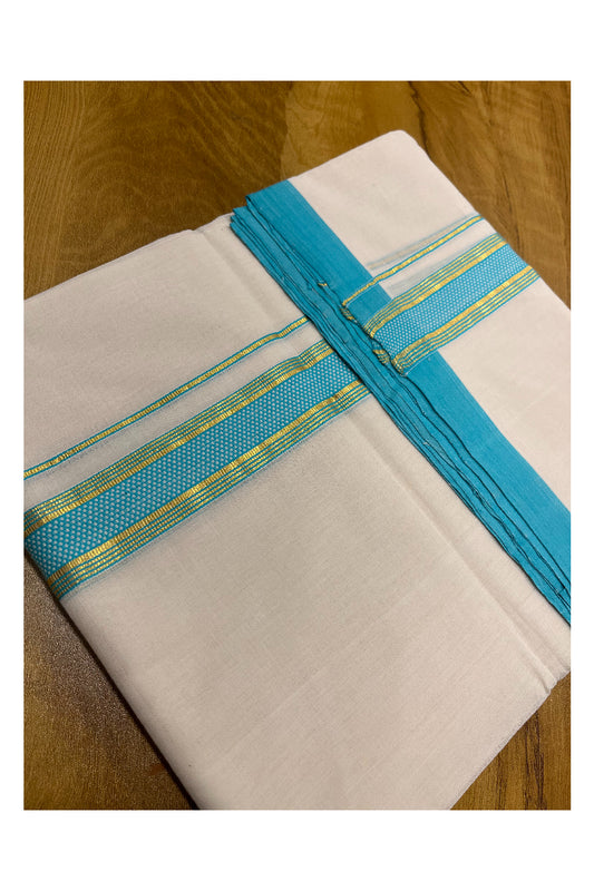 Premium Balaramapuram Handloom Unakkupaavu 1 inch Double Mundu with Kasavu and Light Blue Kara