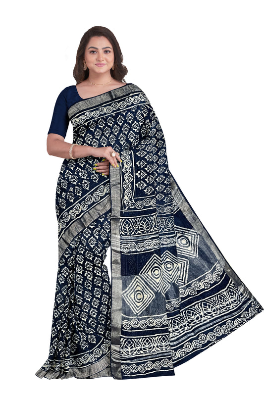Southloom Linen Dark Blue Designer Saree with Floral Prints