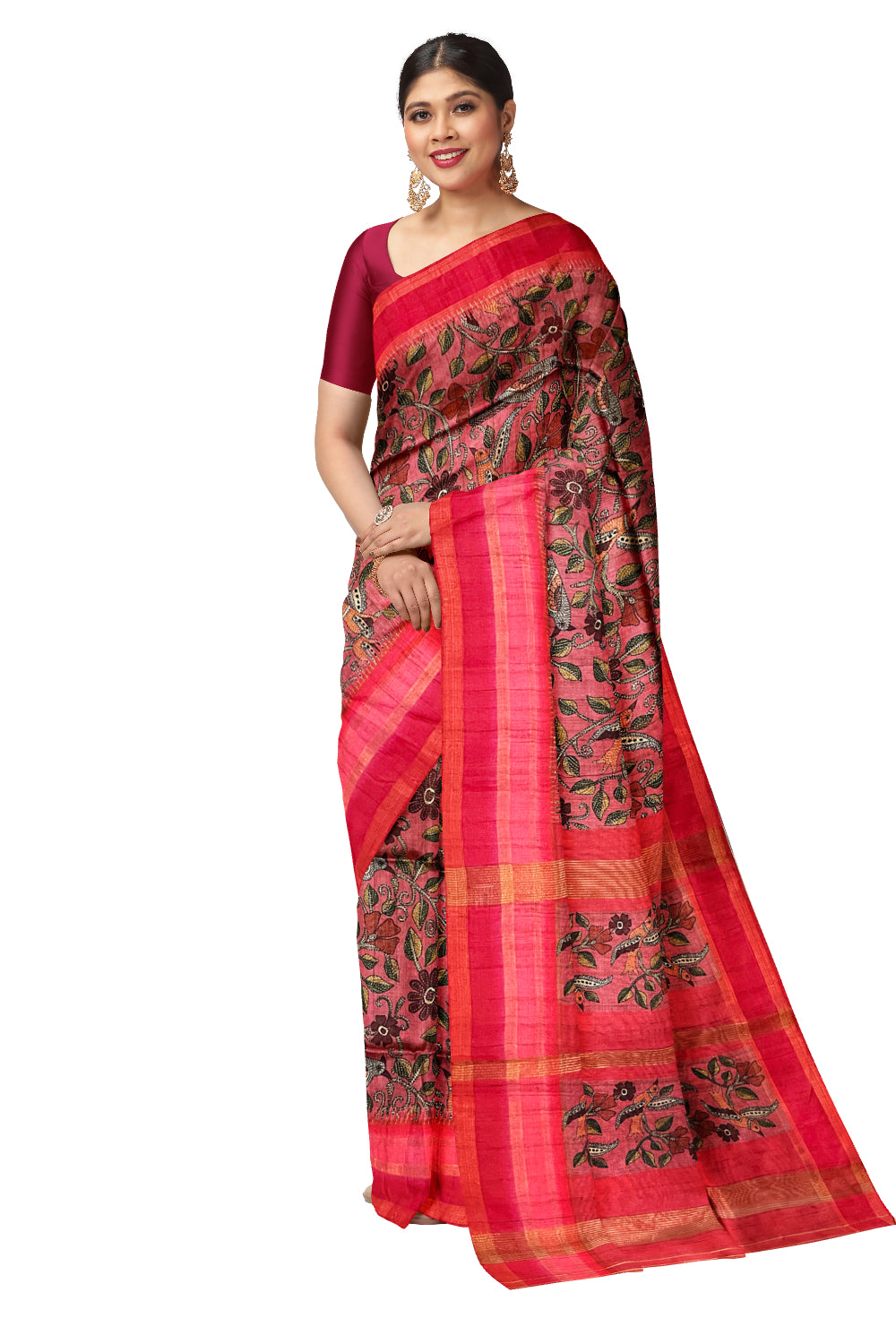 Southloom Semi Tussar Bird Floral Woven Rose Designer Saree