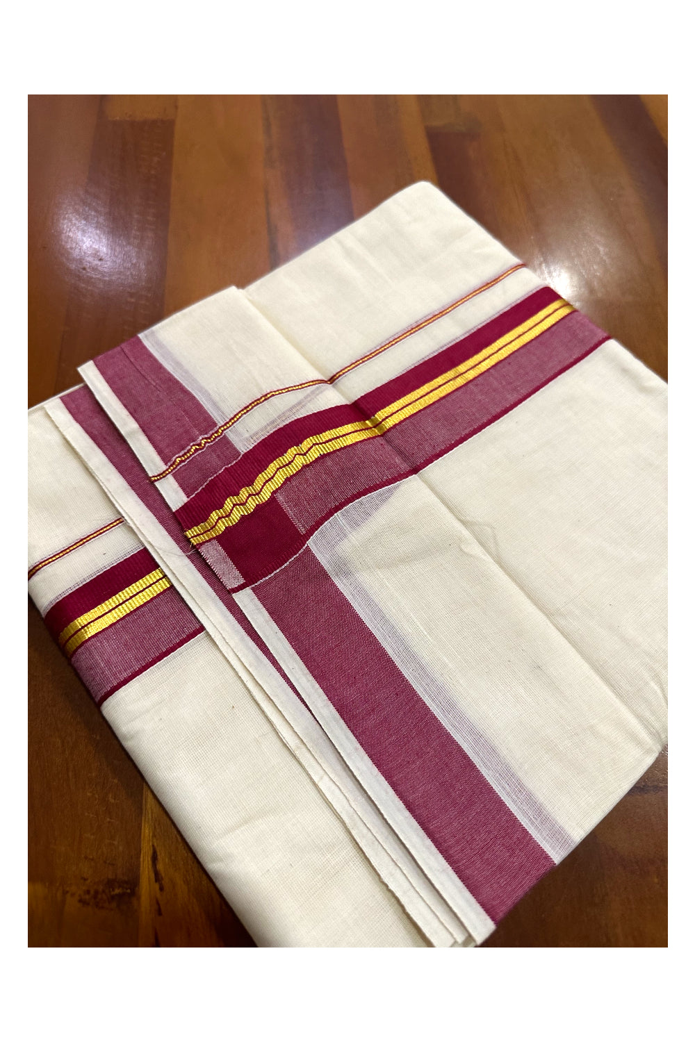 Kerala Cotton Double Mundu with Maroon and Kasavu Border (Onam Mundu 2023)