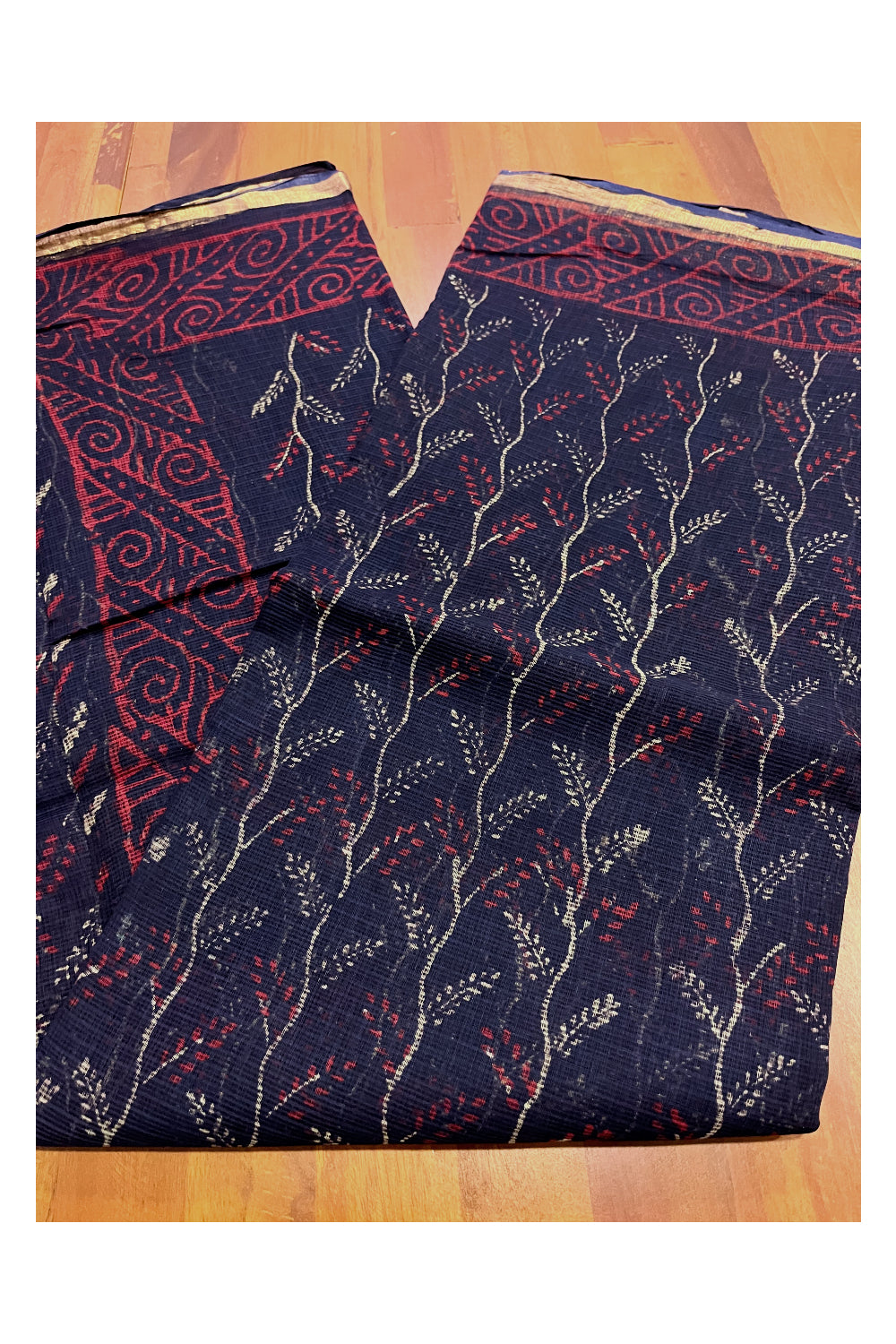 Southloom Kota Fabric Floral Printed Dark Blue Saree