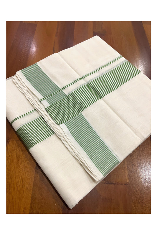 Southloom Premium Handloom Cotton Double Mundu with Silver Kasavu and Green Lines Border (South Indian Dhoti)