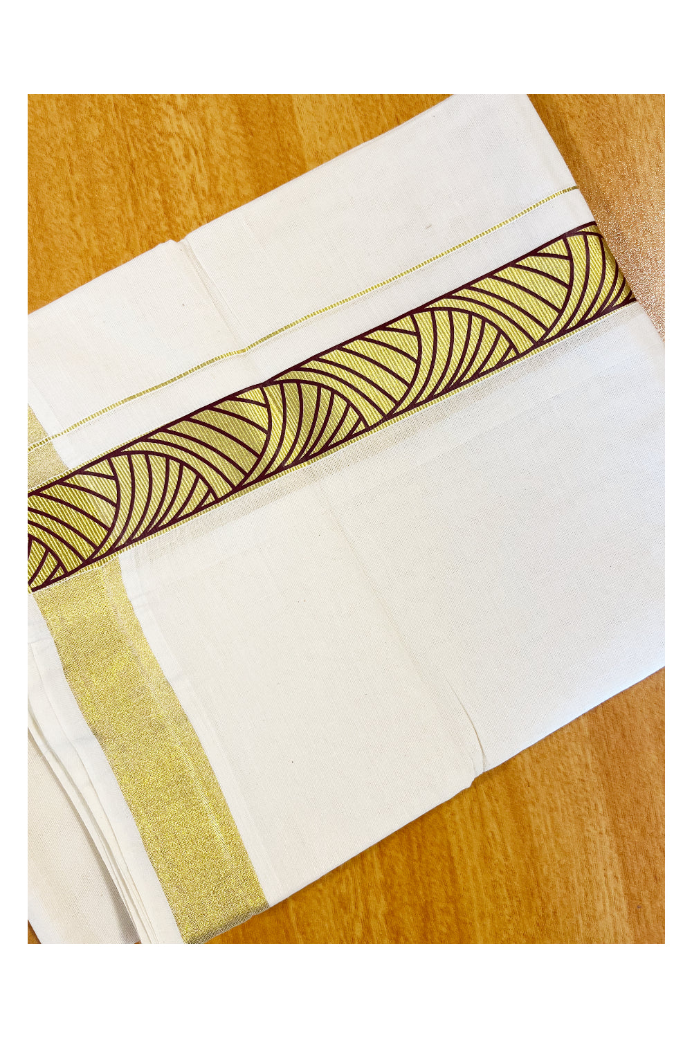 Pure Cotton Off White Double Mundu with Green Block Prints on Kasavu Kara (South Indian Dhoti)