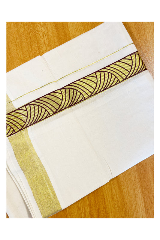 Pure Cotton Off White Double Mundu with Green Block Prints on Kasavu Kara (South Indian Dhoti)