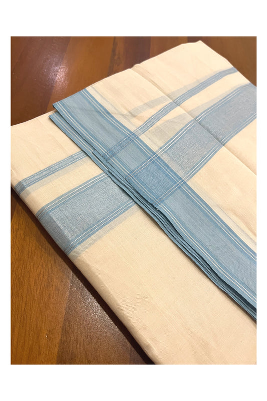 Pure Cotton 100x100 Double Mundu with Light Blue and Silver Kasavu Line Border (Onam Mundu 2023)