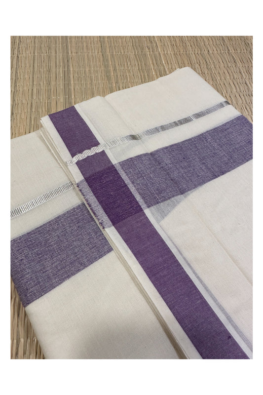 Off White Kerala Double Mundu with Silver Kasavu and Violet Kara (South Indian Kerala Dhoti)