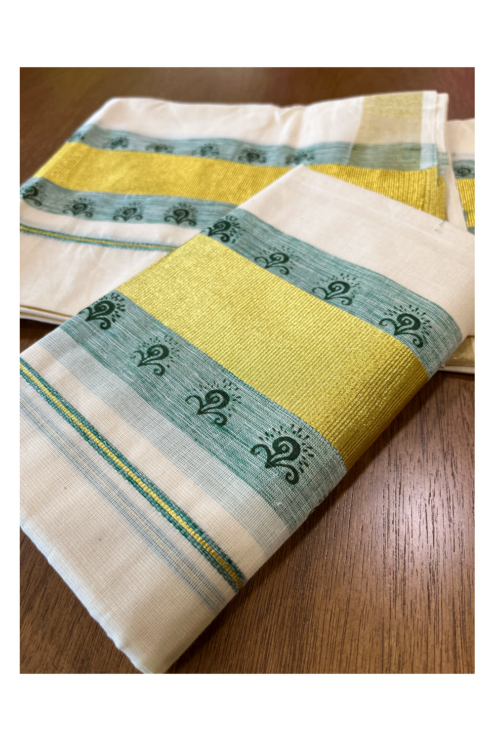 Cotton Single Set Mundu (Mundu Neriyathum) with Block Prints on Green and Kasavu Border