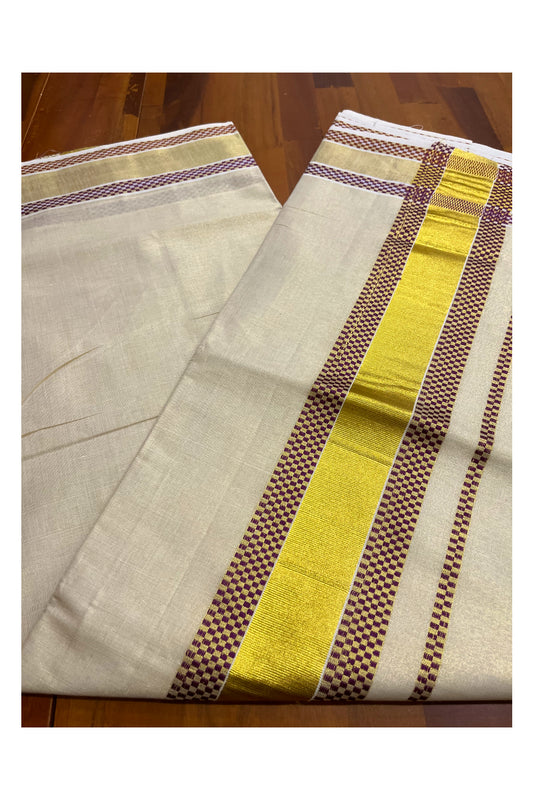 Kerala Tissue Saree with Kasavu and Pink Temple Woven Designs on Border