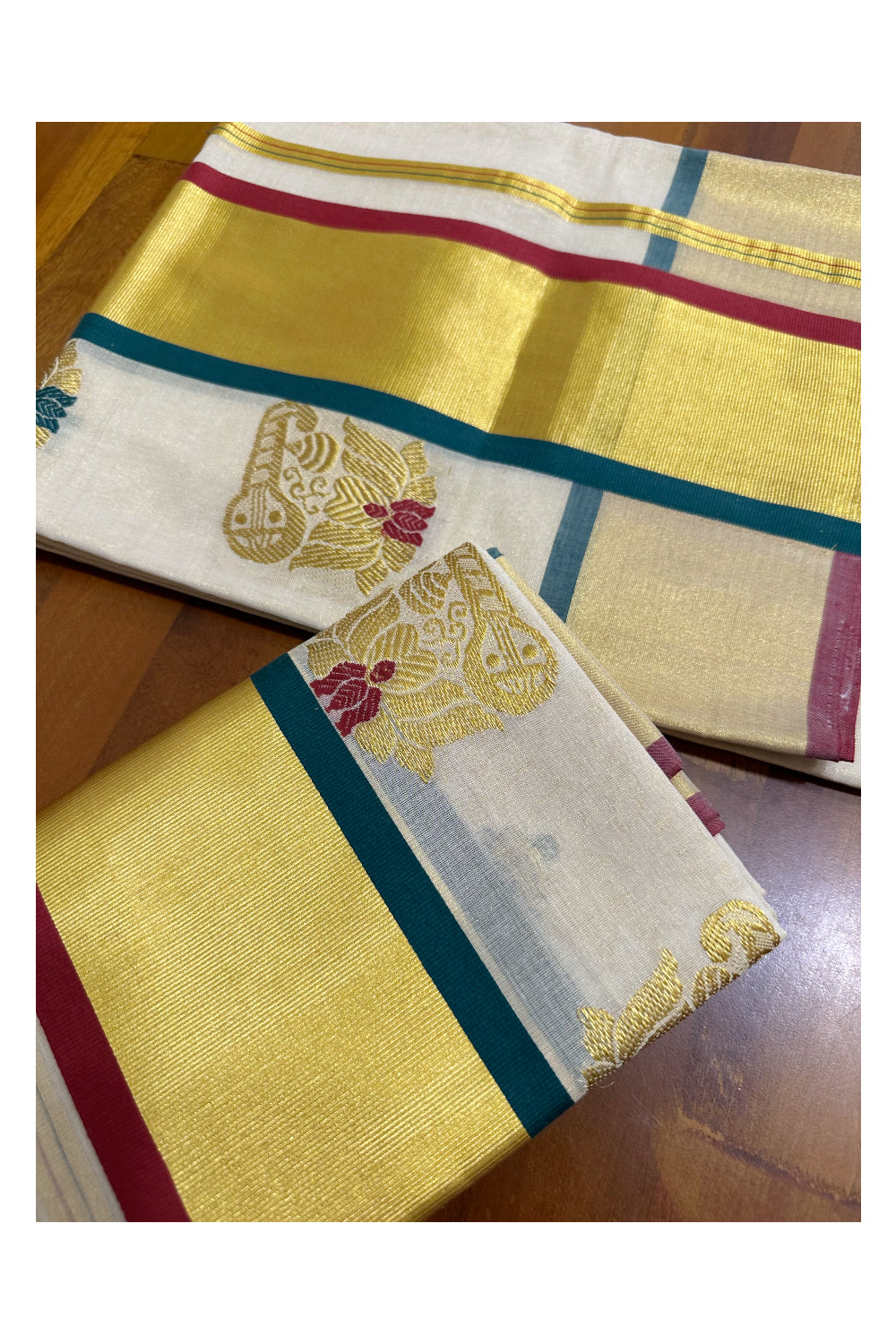 Southloom Handloom Premium Tissue Kasavu Set Mundu Lotus and Veena Woven Patterns With Maroon And Green Border (Mundum Neriyathum) 2.70 Mtrs