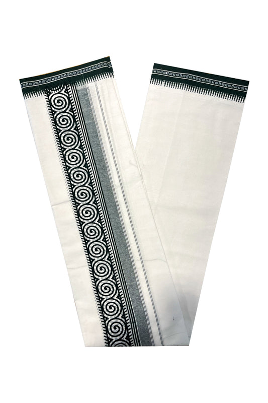 Southloom White with Green Printed Single Mundu / Otta Mundu / Lungi (South Indian Kerala Dhoti)