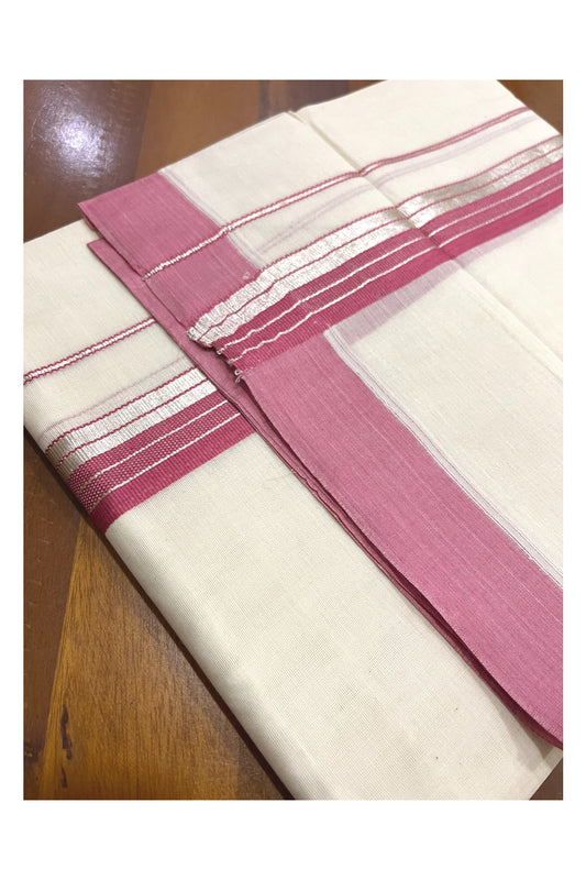 Pure Cotton 100x100 Double Mundu with Silver Kasavu and Pink Border (Onam Mundu 2023)