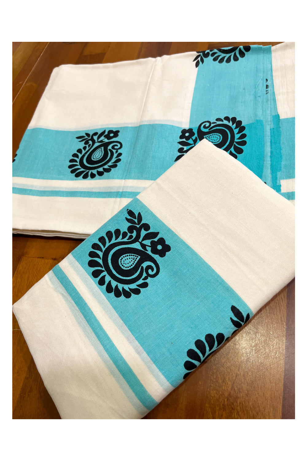 Kerala Pure Cotton Set Mundu (Mundum Neriyathum) with Block Printed Blue Border 2.80 Mtrs