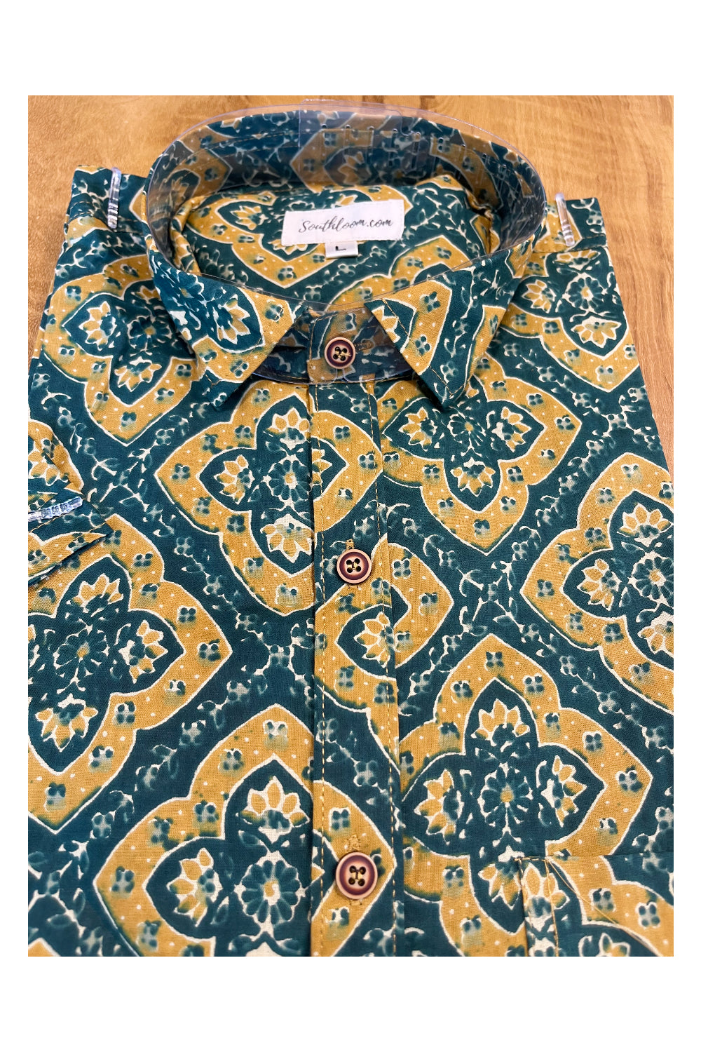 Southloom Jaipur Cotton Green Hand Block Printed Shirt (Half Sleeves)