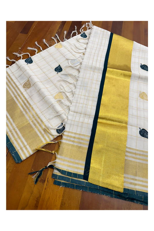 Southloom™ Premium Handloom Kerala Kasavu Check Saree with Golden and Green Leaf Woven Designs