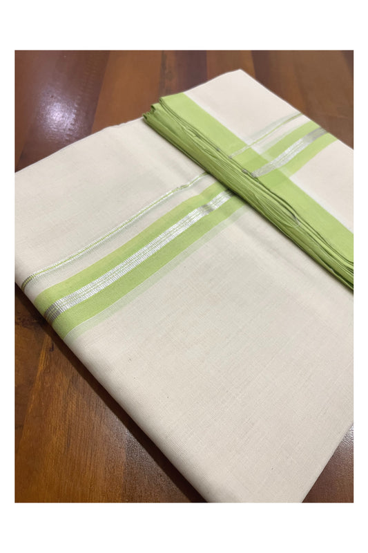 Southloom Premium Balaramapuram Unakkupaavu Handloom Mundu with Light Green and Silver Kasavu Border (South Indian Kerala Dhoti)