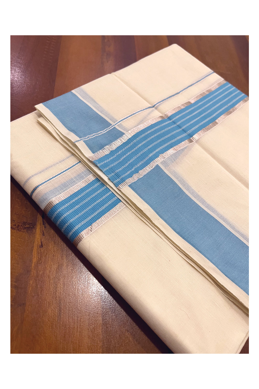 Kerala Cotton Double Mundu with Light Blue and Silver Kasavu Line Border