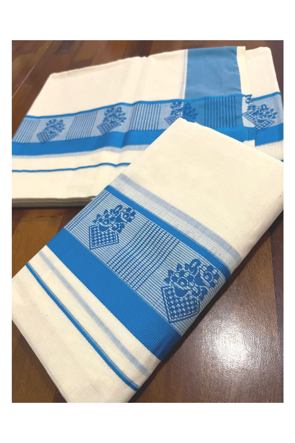 Southloom Pure Cotton Kerala Single Set Mundu with Blue Block Prints on Border (Onam Set Mundu 2023)