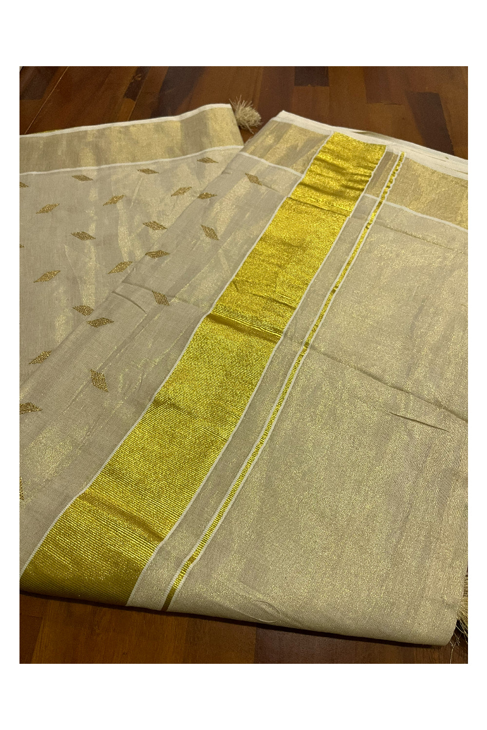 Kerala Tissue Kasavu Saree with Golden Butta Works Across Body (Onam Saree 2023)