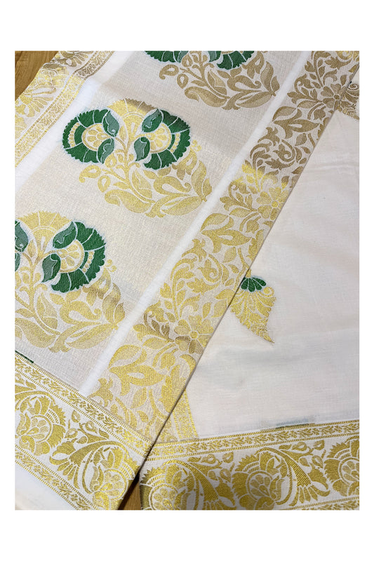 Kerala Cotton Kasavu Saree With Green and Golden Heavy Woven Works On Body