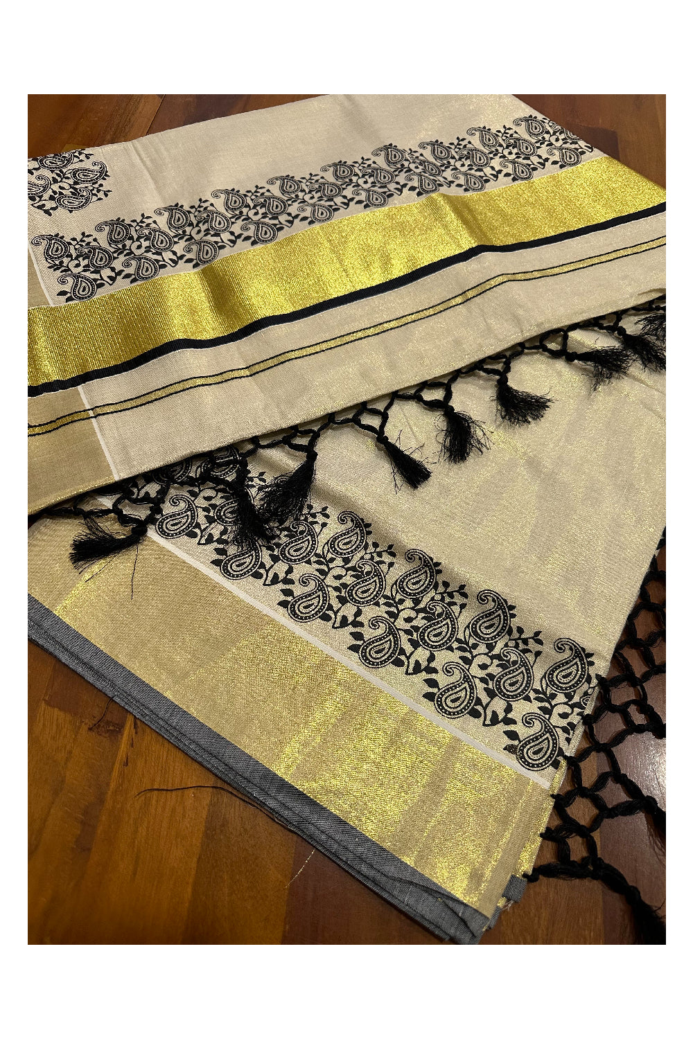 Kerala Tissue Kasavu Saree with Black Paisley Block Prints and Tassels Works on Pallu (Onam Saree 2023)