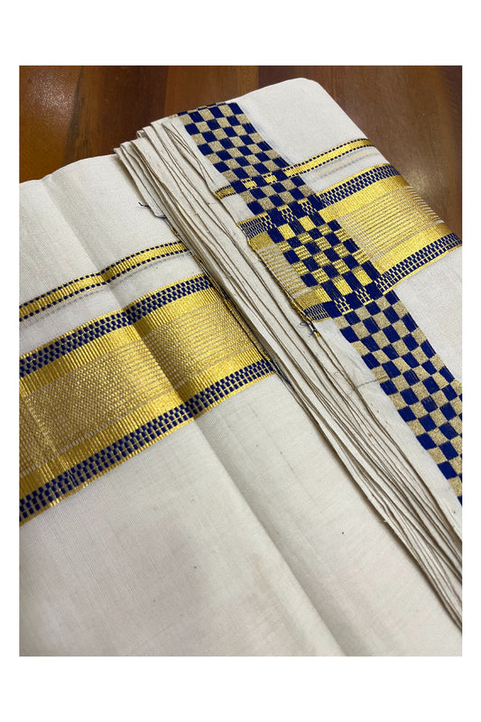 Premium Balaramapuram Handloom Unakkupaavu Cotton Double Mundu with Kasavu and Blue Paa Neythu Border (Onam 2024 Collection)