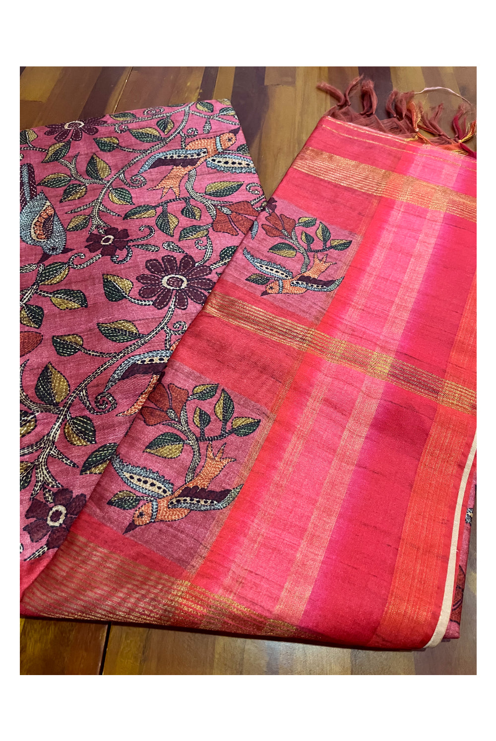 Southloom Semi Tussar Bird Floral Woven Rose Designer Saree