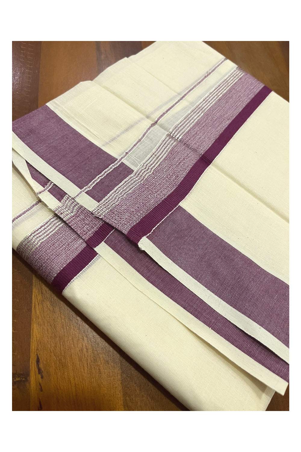 Pure Cotton Kerala Double Mundu with Purple and Silver Kasavu Kara (South Indian Kerala Dhoti)