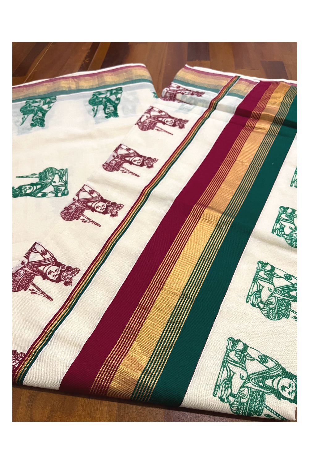 Pure Cotton Kerala Kasavu Saree with Krishna Block Printed Maroon Green Border