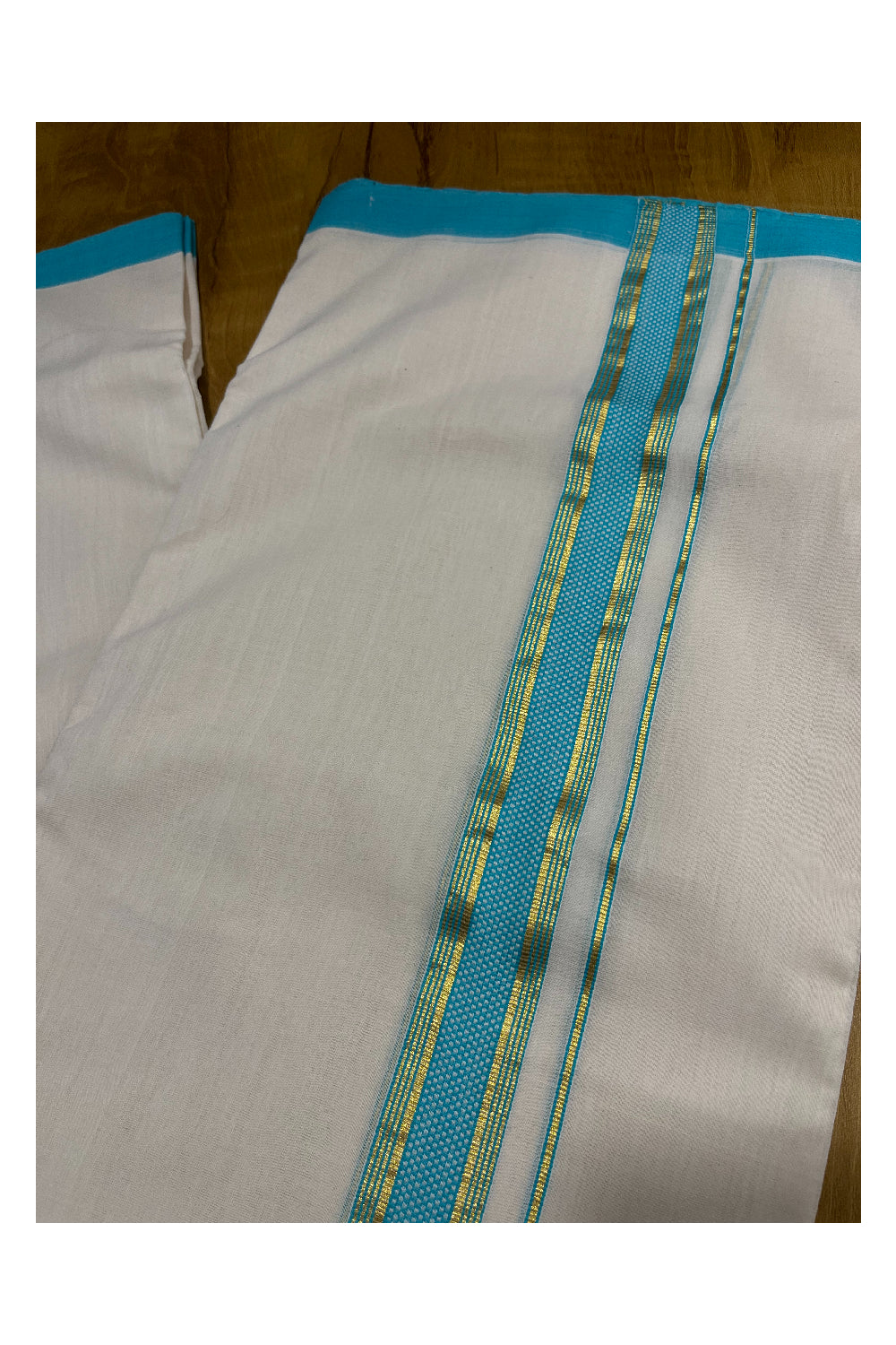 Premium Balaramapuram Handloom Unakkupaavu 1 inch Double Mundu with Kasavu and Light Blue Kara