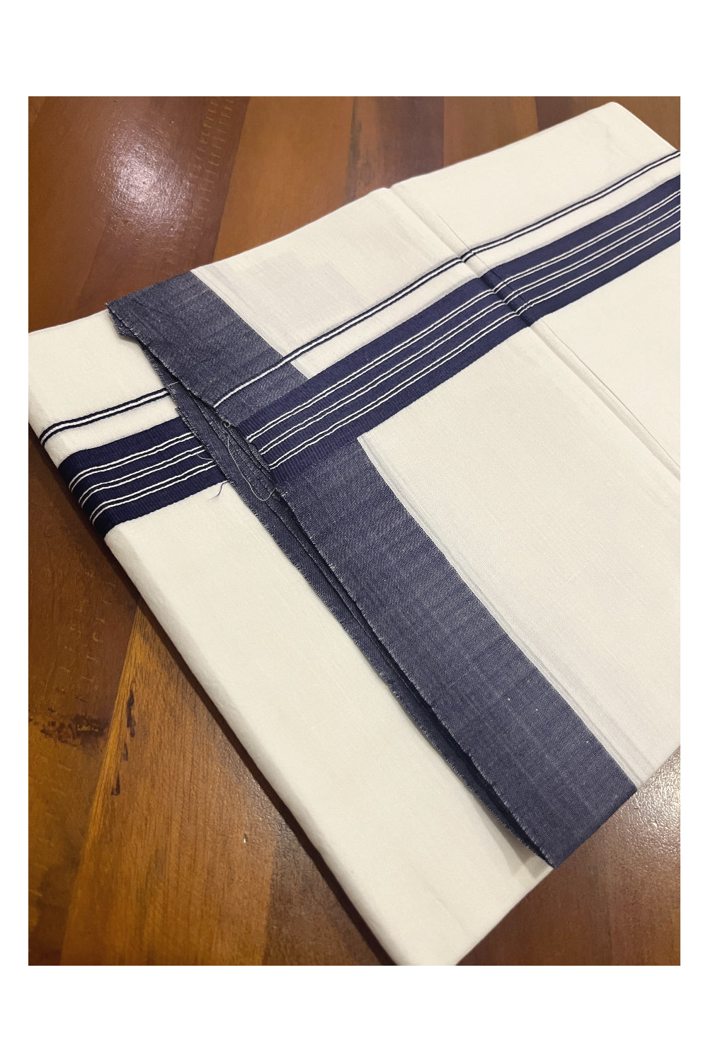 Pure White Cotton Double Mundu with Navy Blue Border (South Indian Kerala Dhoti)