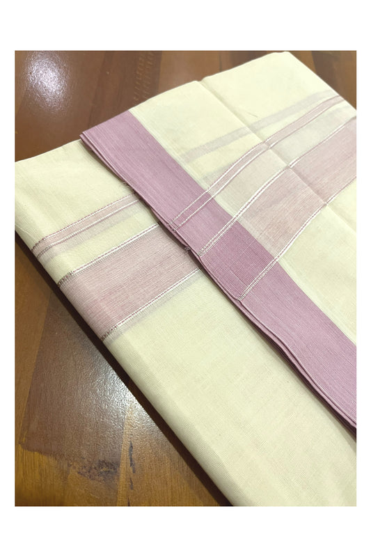 Pure Cotton 100x100 Double Mundu with Silver Kasavu and Pink Kara (Onam Mundu 2023)