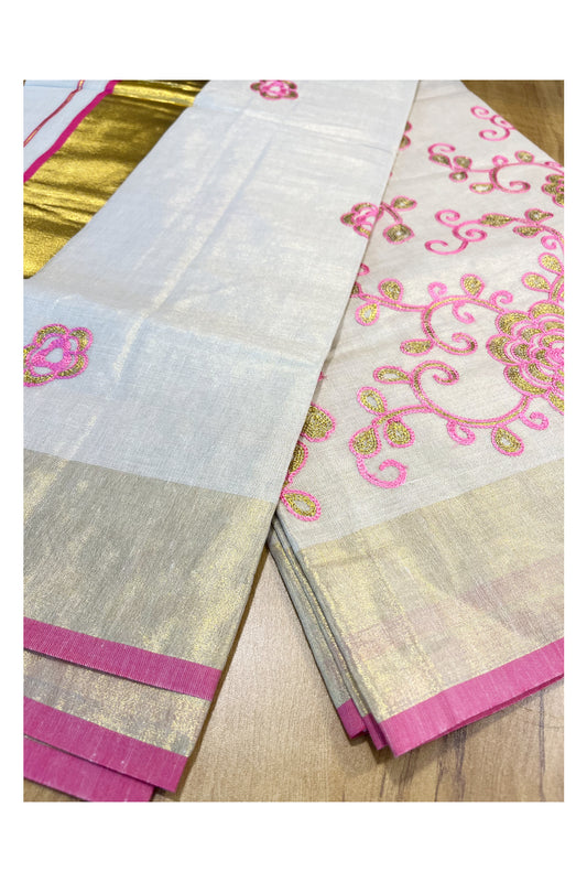 Kerala Tissue Kasavu Saree With Pink and Golden Floral Embroidery Works