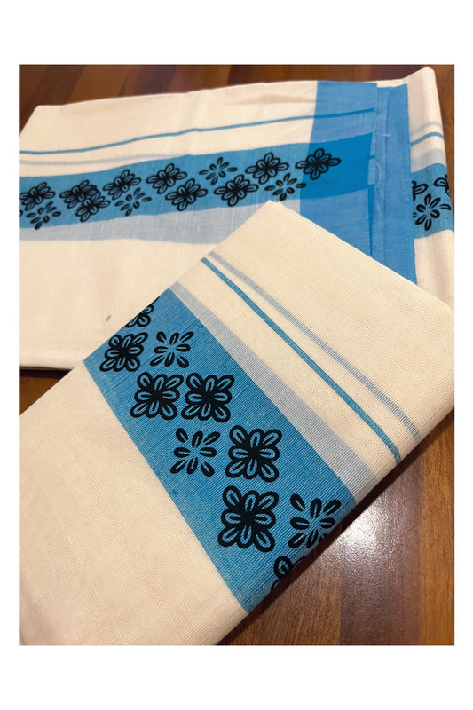 Kerala Cotton Mundum Neriyathum Single (Set Mundu) with Floral Prints in Blue Border