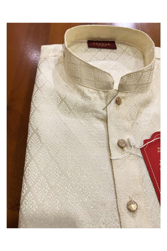 Southloom Off White Woven Patterns Cotton Silk Short Kurta for Men