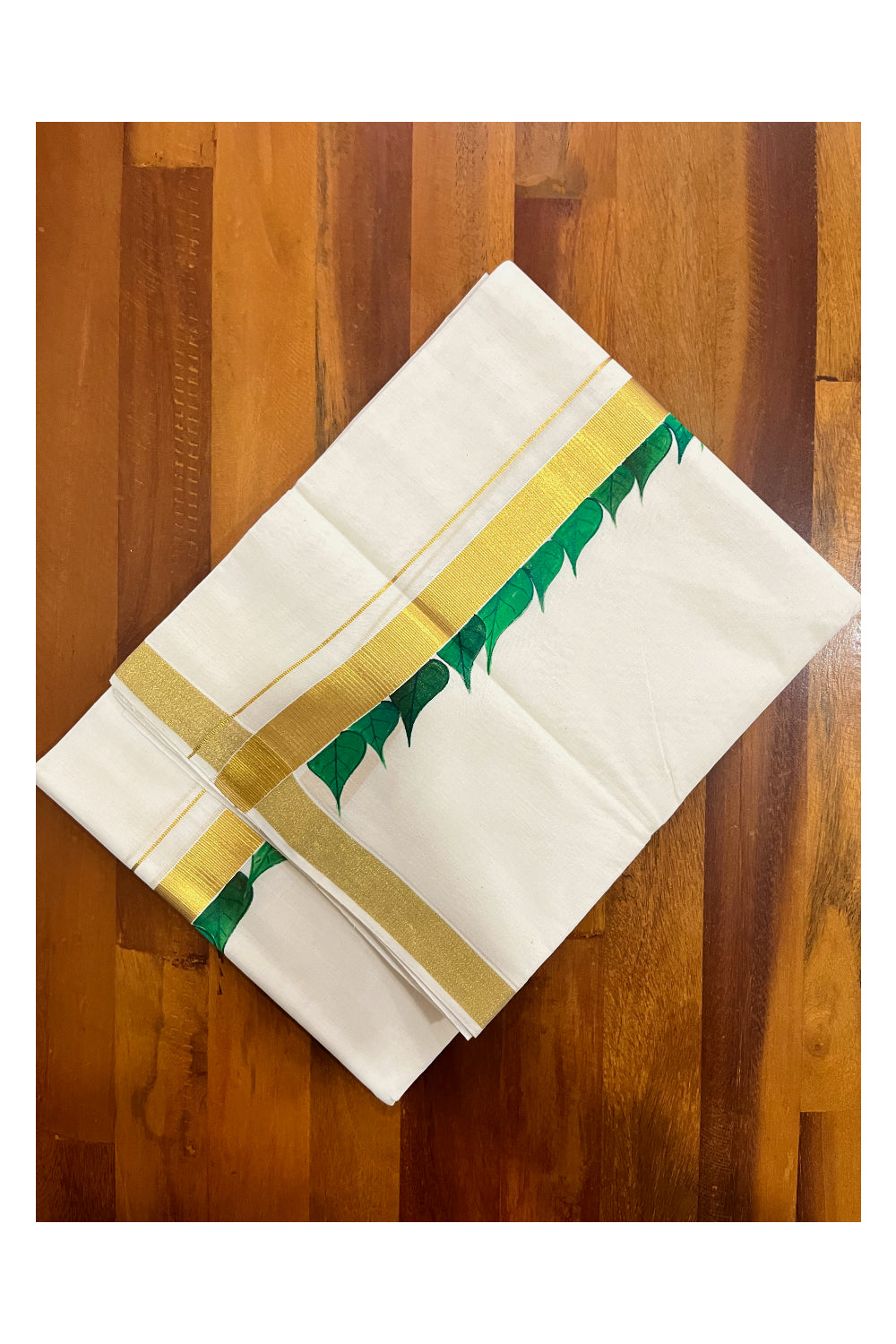 Kerala Pure Cotton Double Mundu with Leaf Mural Painted Design on Kasavu Border (South Indian Kerala Dhoti)