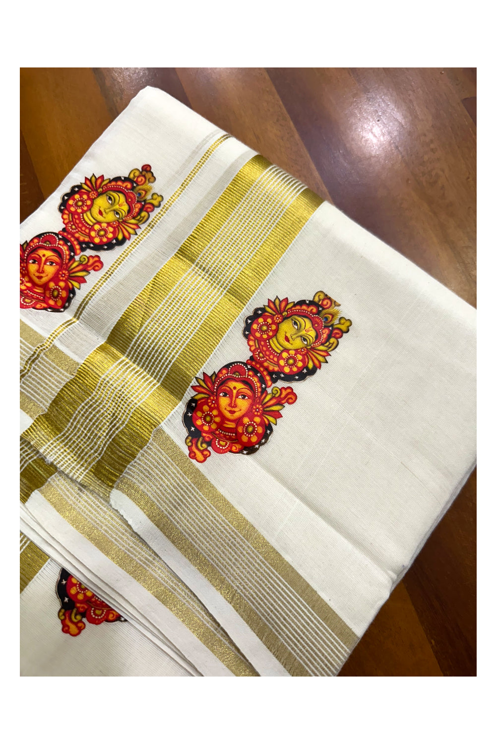 Southloom Lines Kasavu Double Mundu with Mural Print Along Kara