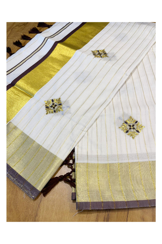 Kerala Cotton Kasavu Lines Saree with Brown and Golden Floral Embroidery Work