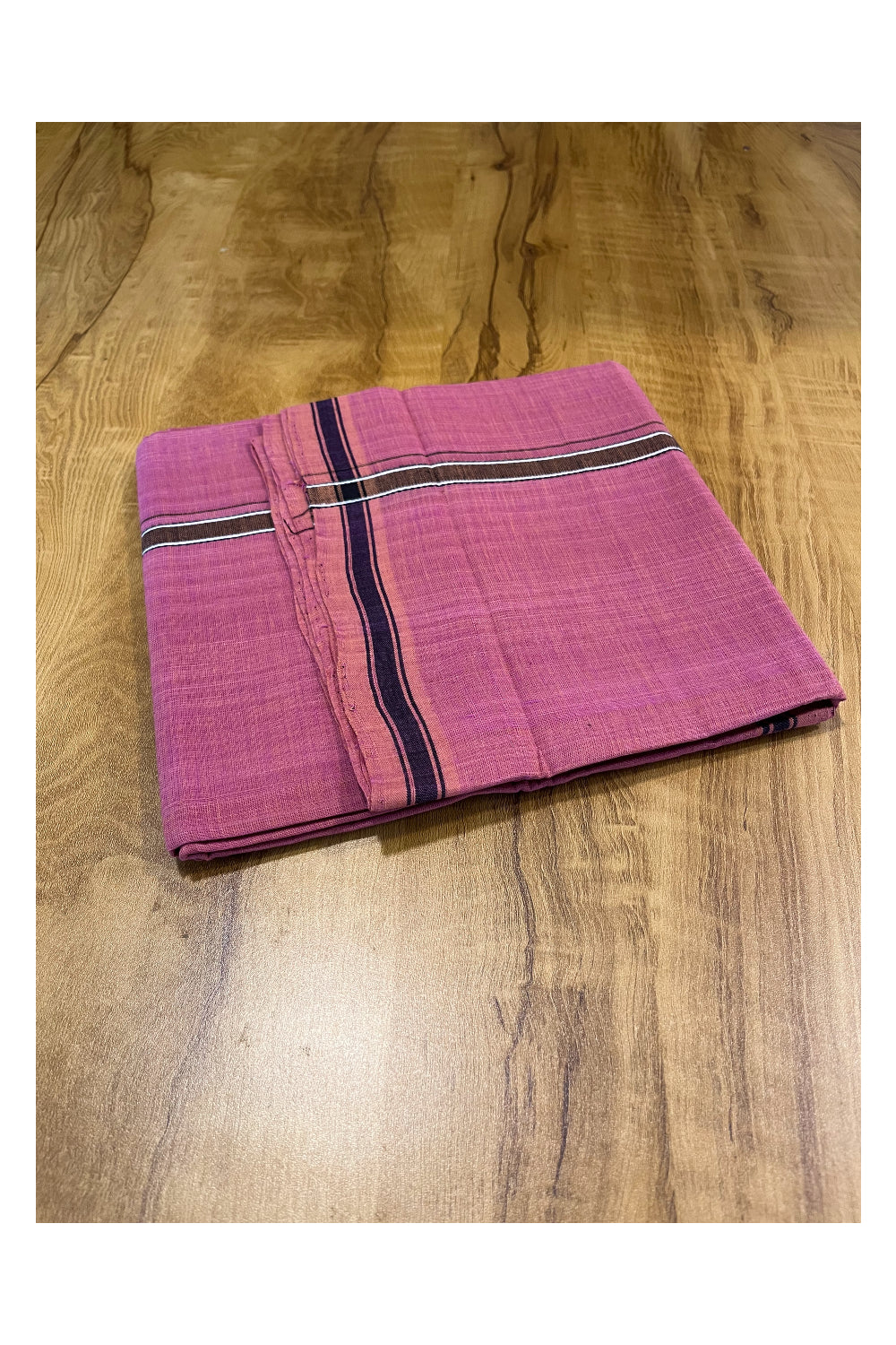 Southloom Premium Handloom Pink Solid Single Mundu (Lungi) with Brown And Blue Border (South Indian Kerala Dhoti)