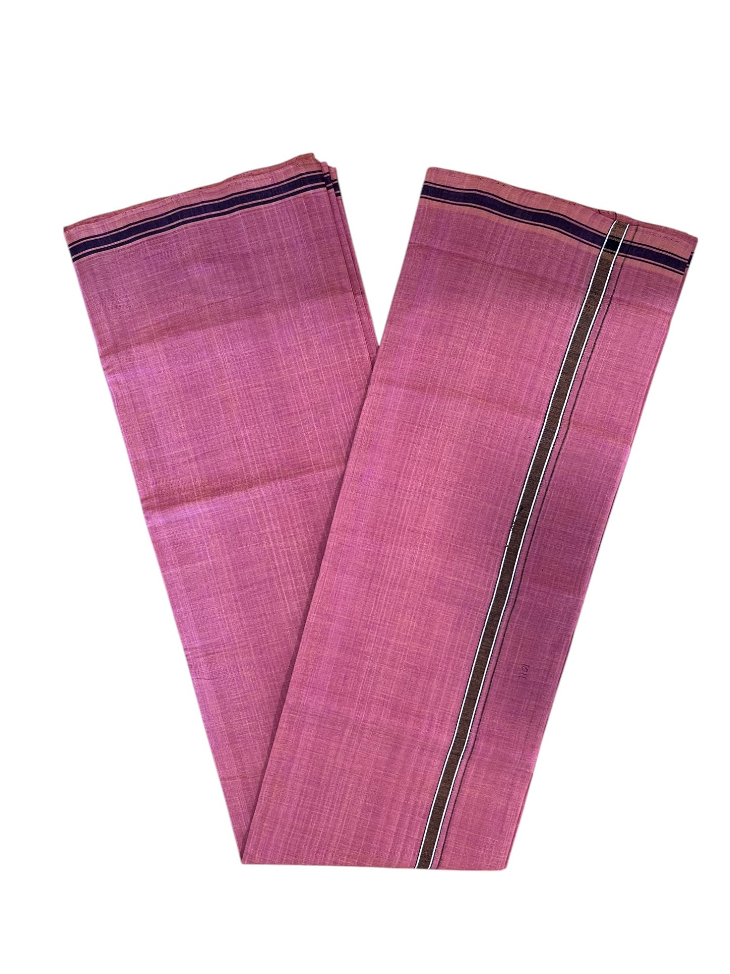 Southloom Premium Handloom Pink Solid Single Mundu (Lungi) with Brown And Blue Border (South Indian Kerala Dhoti)