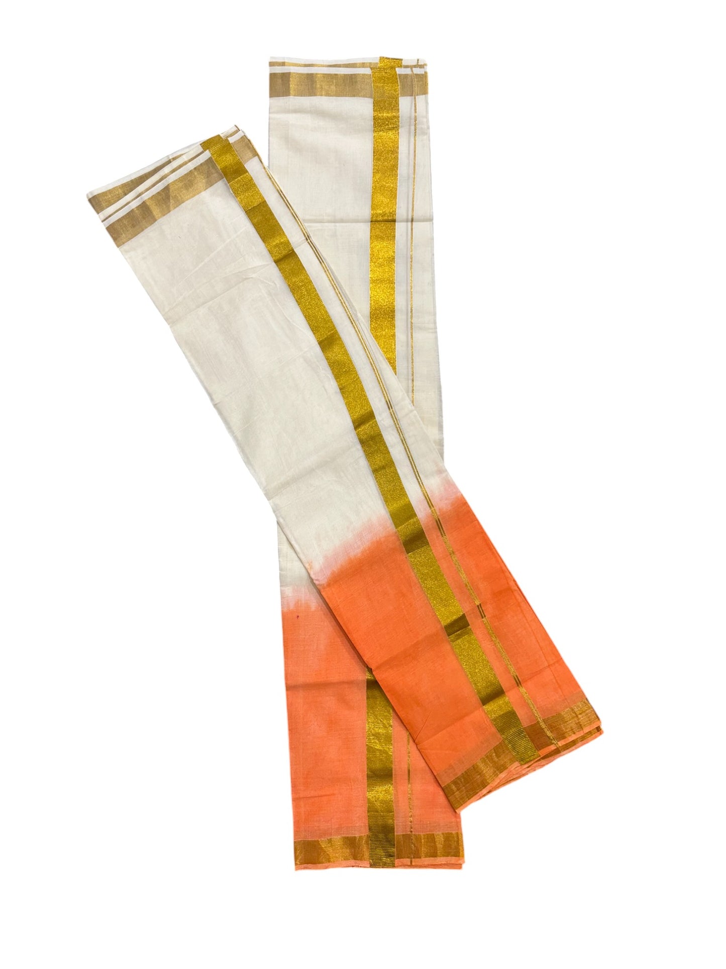 Southloom Tie & Dye - Half & Half  Multi Colour Orange Design Set Mundu (Mundum Neriyathum) in 2.80 m Neriyathu (Extra Length)