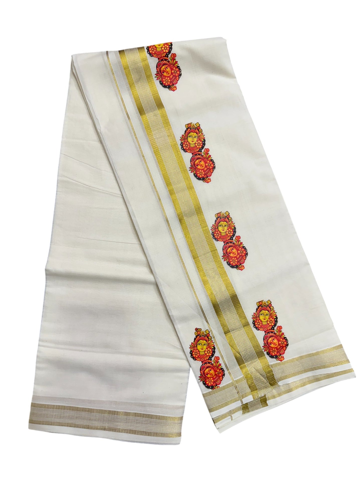 Southloom Lines Kasavu Double Mundu with Mural Print Along Kara