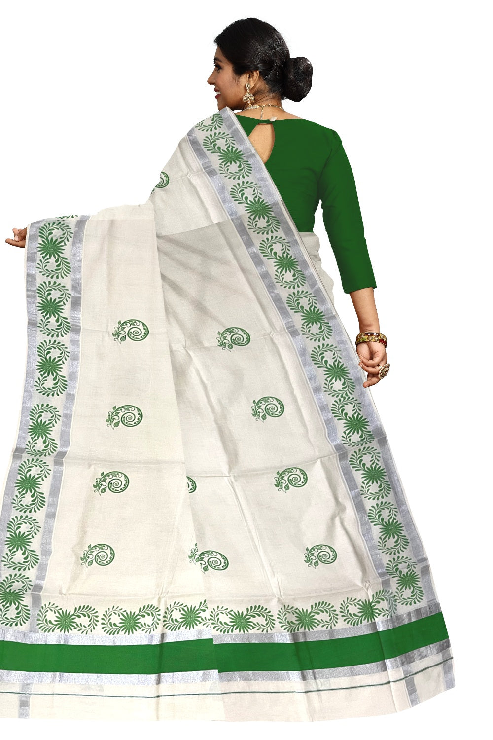 Pure Cotton Off White Kerala Saree with Light Green Floral Block Printed Silver Border (Onam Saree 2023)