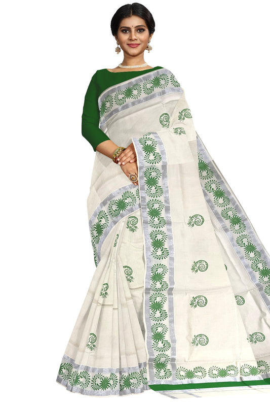 Pure Cotton Off White Kerala Saree with Light Green Floral Block Printed Silver Border (Onam Saree 2023)