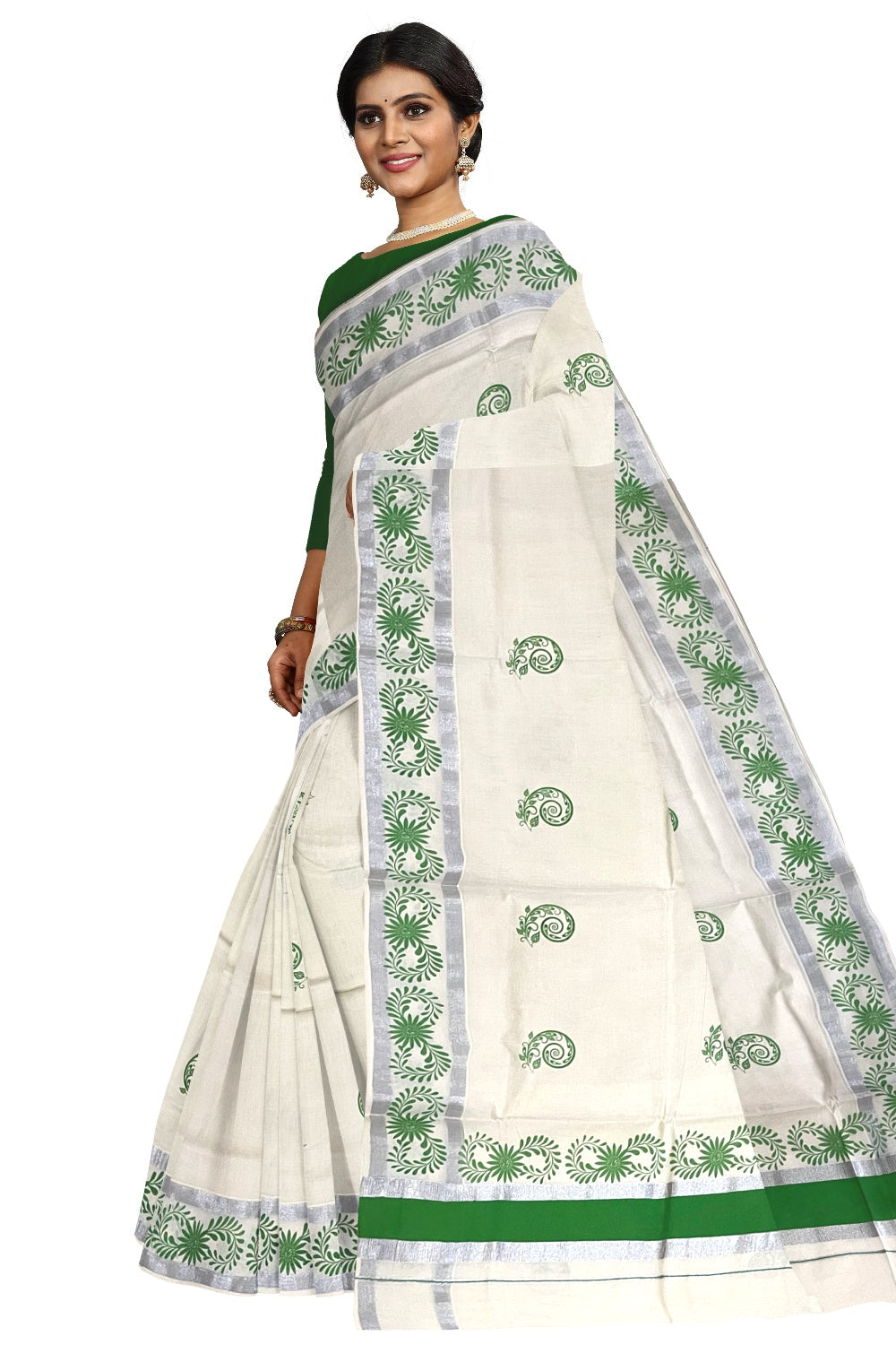 Pure Cotton Off White Kerala Saree with Light Green Floral Block Printed Silver Border (Onam Saree 2023)