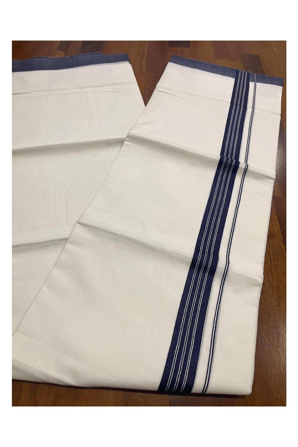 Pure White Cotton Double Mundu with Navy Blue Border (South Indian Kerala Dhoti)