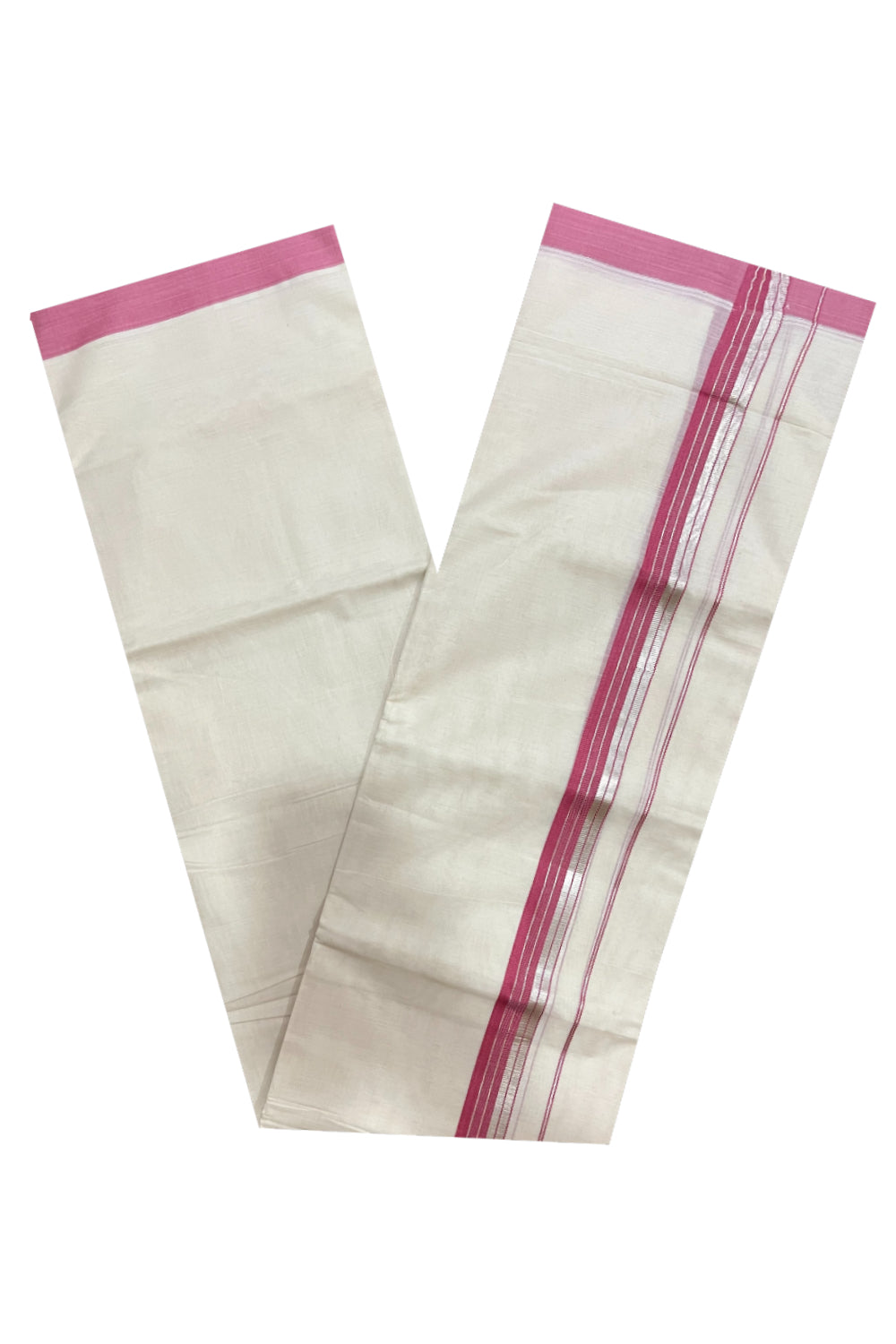 Pure Cotton 100x100 Double Mundu with Silver Kasavu and Pink Border (Onam Mundu 2023)