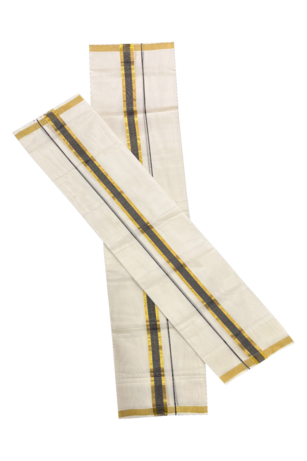 Pure Cotton Handloom Premium Kasavu Set Mundu (Mundum Neriyathum) with Black and Kasavu Border (Onam Set Mundu 2023)