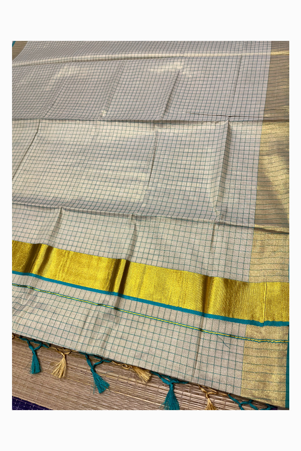 Kerala Tissue Kasavu Check Design Saree with Turquoise Border (Vishu 2024 Collection)