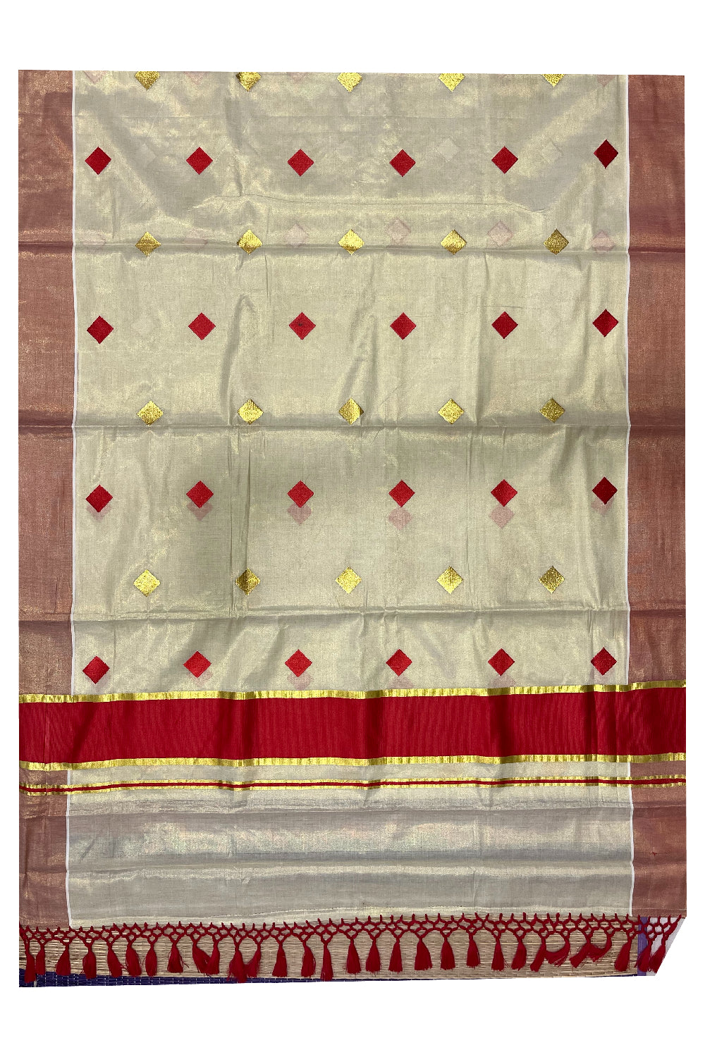 Kerala Tissue Kasavu Saree with Red Gold Woven Butta Designs and Tassels Works