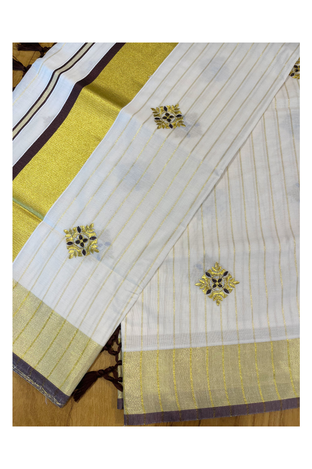 Kerala Cotton Kasavu Lines Saree with Brown and Golden Floral Embroidery Work